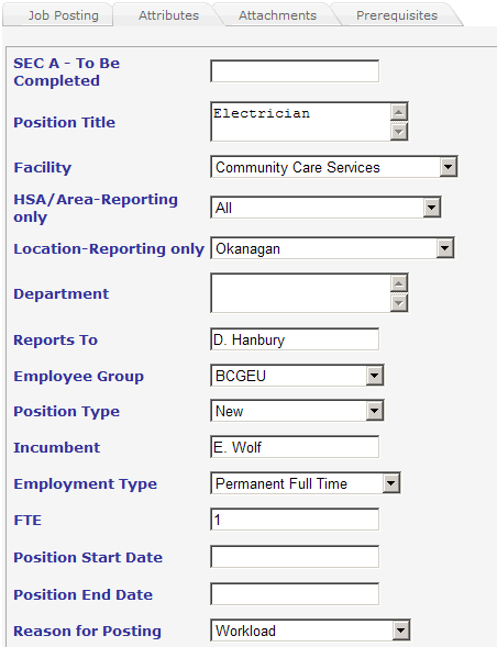attributes tab, job posting window